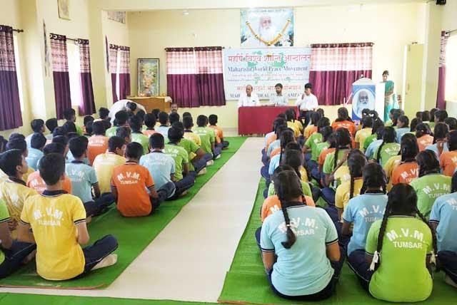 Today on 21 September 2019, World Peace Day Celebrated in School Premises. At the occasion Mr. Nitin SAdgir, S.D.O, Tumsar was The Chief Guest of Function. Mrs. Urmila Turkar (TGT) has given Introductory Speech of Maharishi World Peace Movement. Principal Dhirendra Purohit Welcome The Chief Guest by offering him a bouquet. Shree Guru Parampara Poojan was done after Guest's welcome. T.M. Teacher Mr. Akhil Mishra taken Pranayam and Group Practice of T.M. for All Students of Class IX & X with their Teachers. Speech regarding Maharishi World Peace Movement and his importance was explained by The Principal. Then Mr. Nitin Sadgir shared his valuable experience of Meditation in his speech. In the last OATH taking was done by the Principal. Mr. Umesh Chauhan has given Vote of Thanks. Kindly acknowledge the receipt for the same.