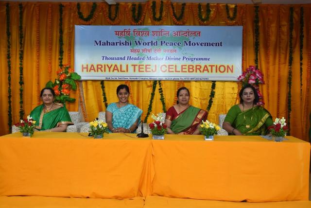 HARIYALI TEEJ CELEBRATED By 
MAHARISHI WORLD PEACE MOVEMENT 
Sahasrasheersha Devi Mandal ??? female wing of Maharishi World Peace Movement celebrated Hariyali Teej in a grand manner at Maharishi Vedic Sanskritik Kendra, Arera Colony, Bhopal on 03rd August 2019. Dr. Gita Narahari, Psychologist, motivational speaker, author and social worker was the Chief Guest of the celebration. 
